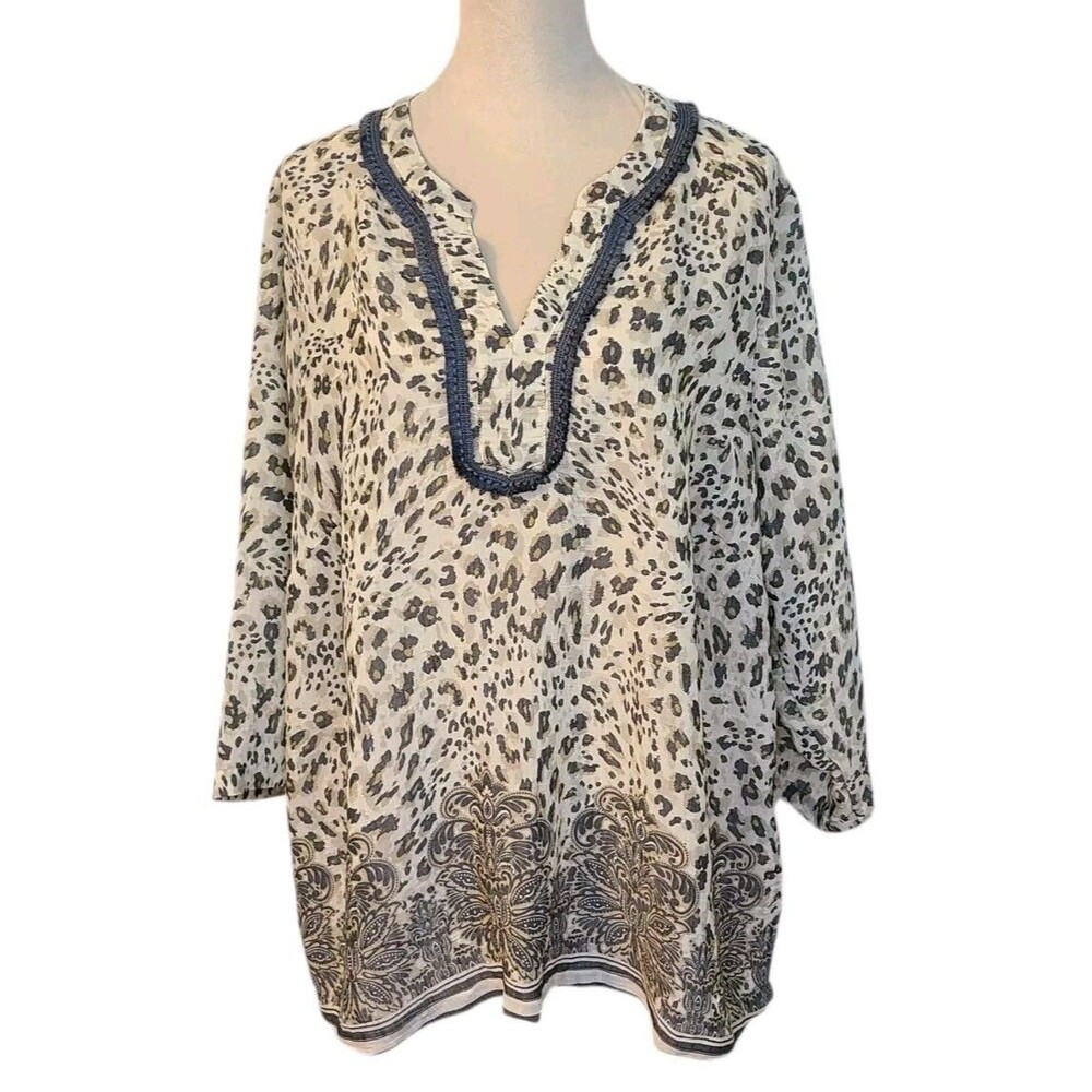 ZAC & RACHEL Womens 2X Leopard tunic top Paisley Hem Crochet V-Neck Boho Safari